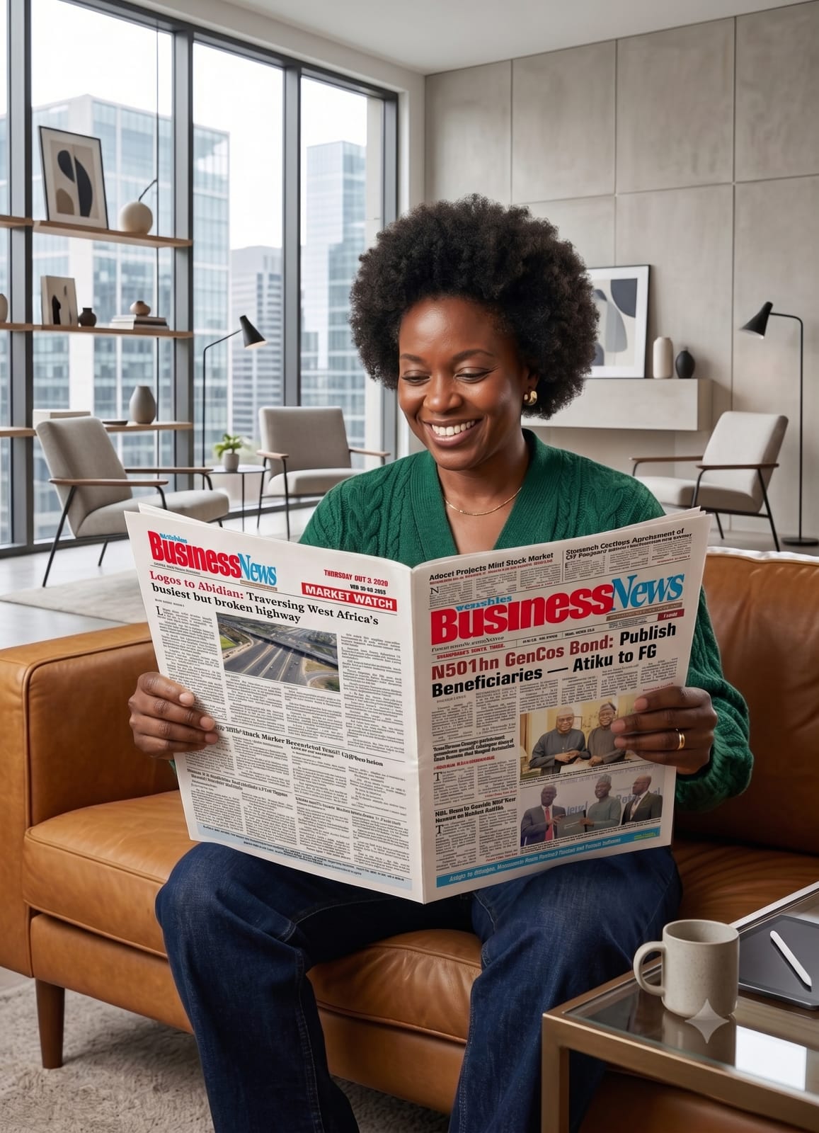 Woman reading newspaper with addition of name publication