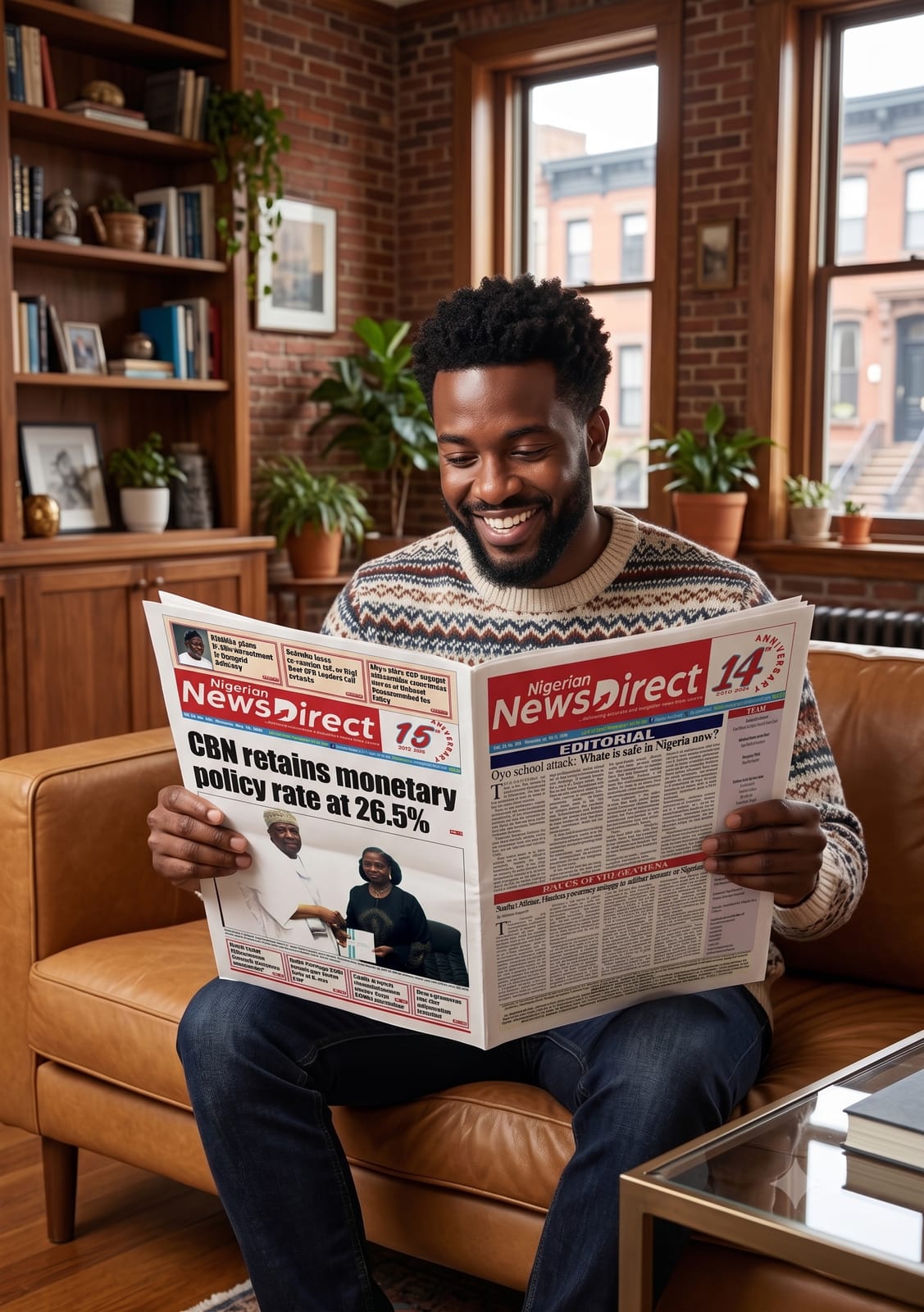 Man reading newspaper with removal of name publication