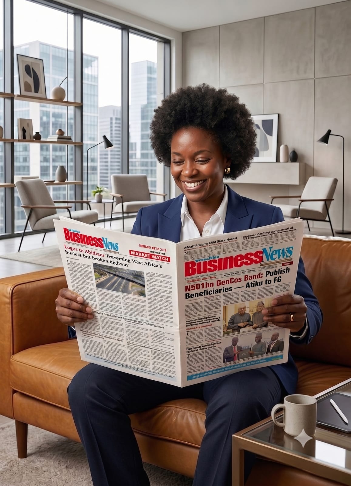 Woman reading newspaper with confirmation of name publication